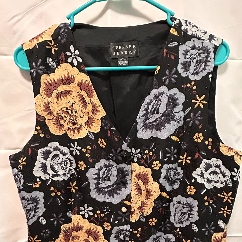 Spenser Jeremy Vintage 1990s Floral Silk Vest - Size XL - Picture 1 of 9
